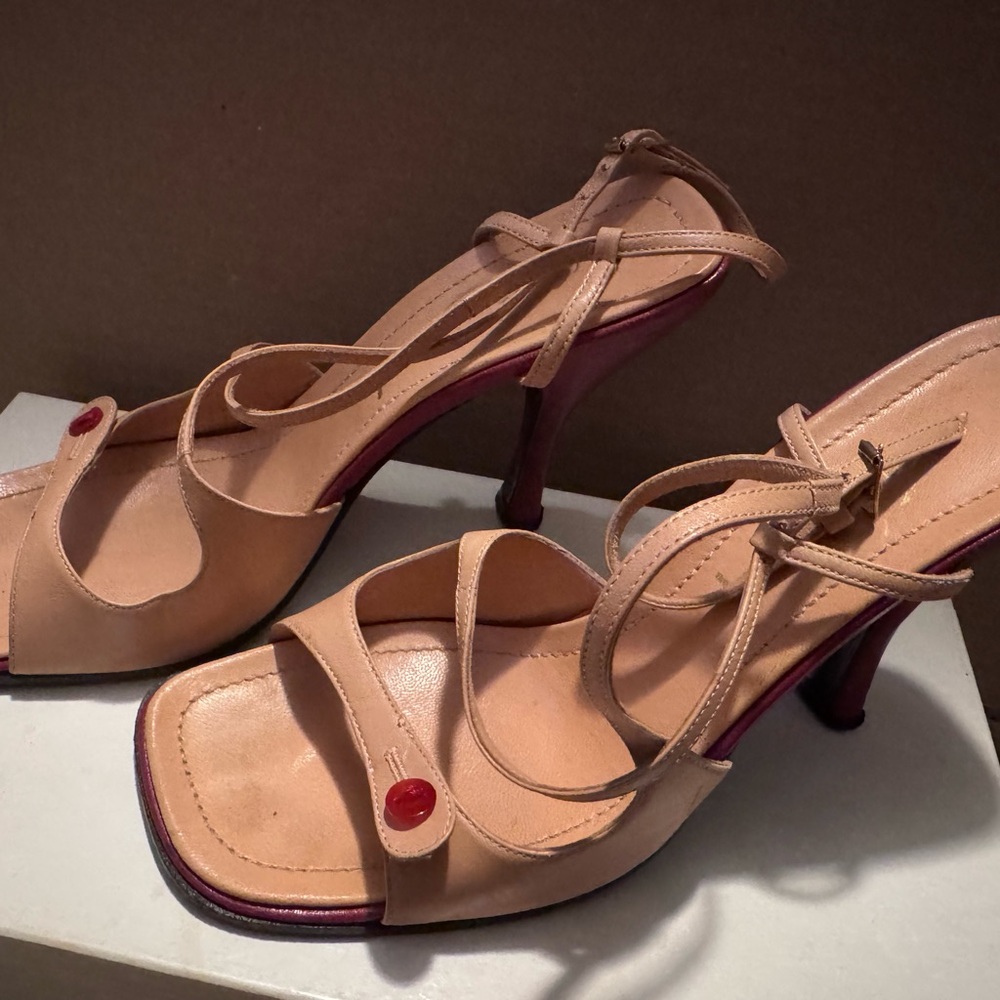 Casadei Tan Strappy Heels with Red Accents